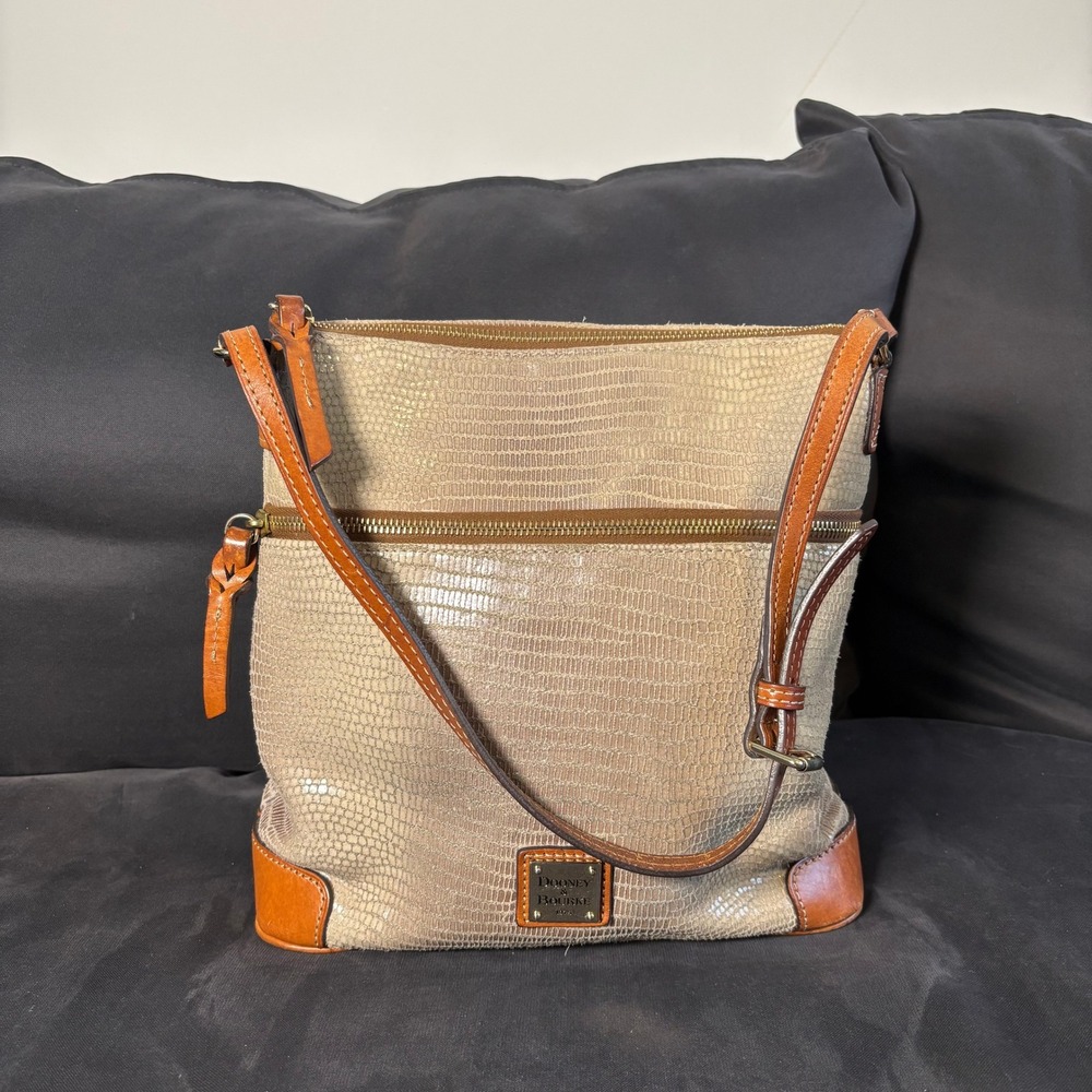 Dooney & Bourke Beige Lizard Embossed Leather Crossbody Bag Tan Trim